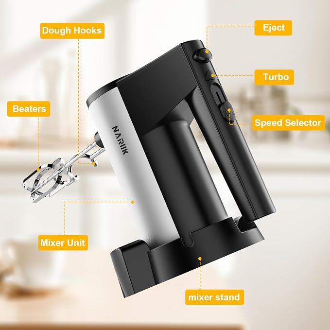 Electric Hand Mixer, 660W Kitchen Handheld Mixer 5 Speed Self Control Whisk 304 Stainless Steel One Click Eject Dishwasher Safe Mixer for Cream Cookies Dough（Black）
