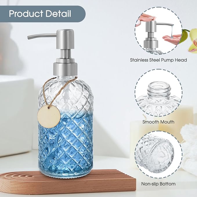 Gem-Patterned Glass Soap Dispenser with Rust Proof Stainless Steel Pump-13 oz Liquid Hand Soap Dispenser for Kitchen & Bathroom,Great for Lotions, Essential Oil, Liquid Soaps-Clear