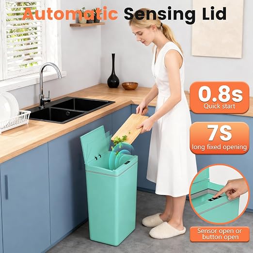 BestOffice 13 Gallon Kitchen Trash Can, Touchless Automatic Lid, Blue | Plastic, Hands-free disposal, Odor Control, ,Wipe-clean surface,50Liter for Kitchen, Office, Indoor Use