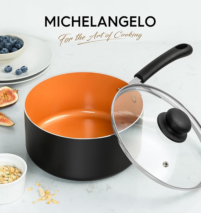 MICHELANGELO 3 Quart Nonstick Sauce Pan with Lid, 3 QT Copper Ceramic Saucepan, PFAS-FREE & Stay-Cool Handle, Multipurpose Cooking Pot for Home Kitchen, Induction Compatible