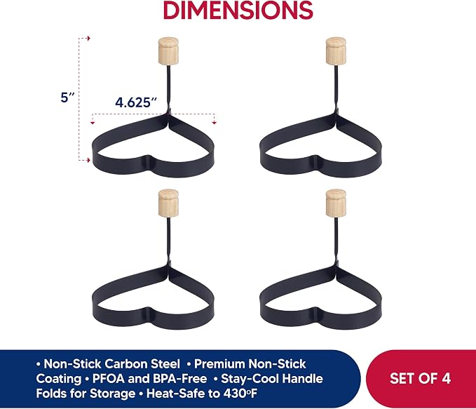 HIC Kitchen Non-Stick Egg and Pancake Cooking Rings, Heart Shaped, Non-Stick Carbon Steel; PFOA and BPA Free, Set of 4
