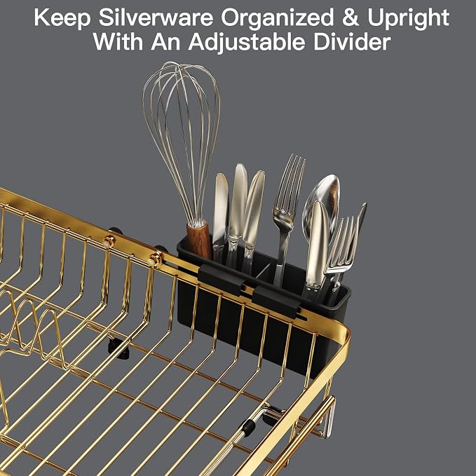 Gold Dish Drying Rack Over The Sink with Utensil Holder | Expandable Stainless Steel Dish Drainer for Small Kitchen, Apartment, RV, Counter Space Saving, Perfect Fit, Rustproof