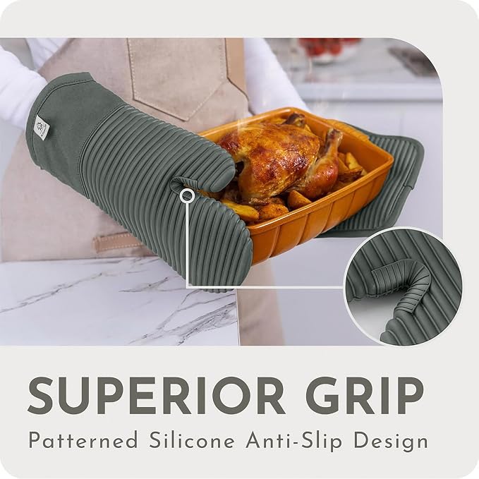 Extra Long Silicone Oven Mitts and Pot Holders Sets | Heat Resistant 500°F BPA-Free Food Grade Silicone Hot Pads & Kitchen Mittens | 4-Piece Set of Oven Gloves & Potholders for Kitchens- Gray