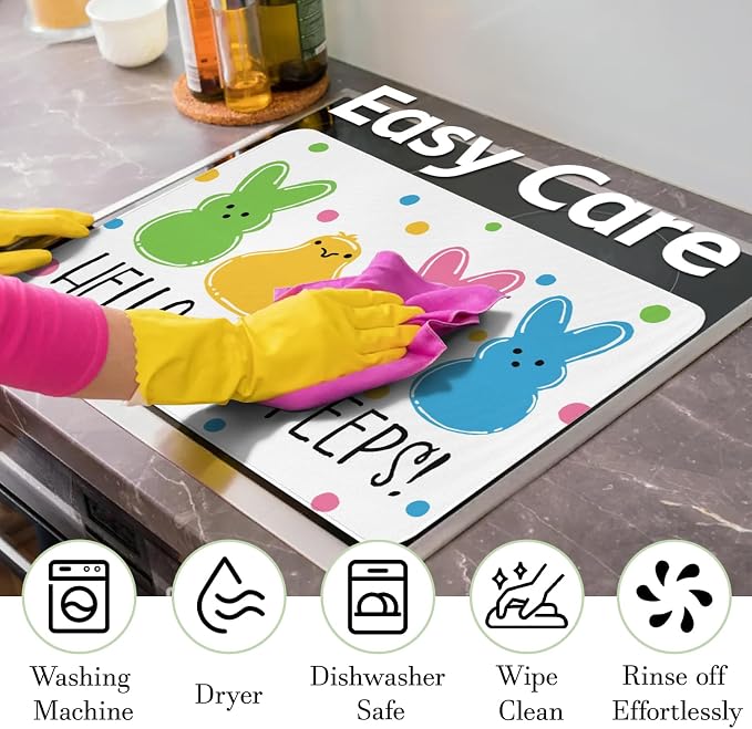 Happy Easter Glass Stove Top Covers for Electric Stove,Hello My Peeps Rabbit Bunny Chick Polka Dots Heat Resistant Cooktop Protector Non-Slip Washable Dish Drying Mat Rug Pad for Kitchen Decor 28"x20"