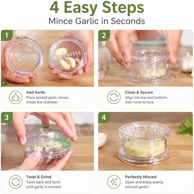 2PCS Clear Manual Garlic Twister, Garlic Crusher, Ginger & Nuts Mincer Tool | Multi-Functional Mincer & Grinder for Garlic, Onion, Ginger, Herbs, Nuts