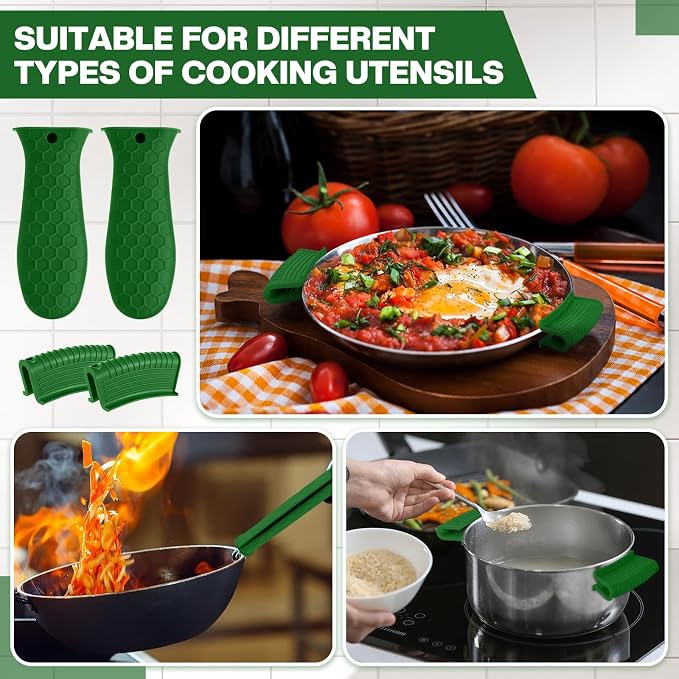 Patelai 8 Pcs Silicone Pot Holders Cast Iron Handle Cover Heat Resistant Pot Handle Covers Potholder Non Slip Reusable Pan Sleeve for Frying Pan Kitchen Supplies (Matcha Color)