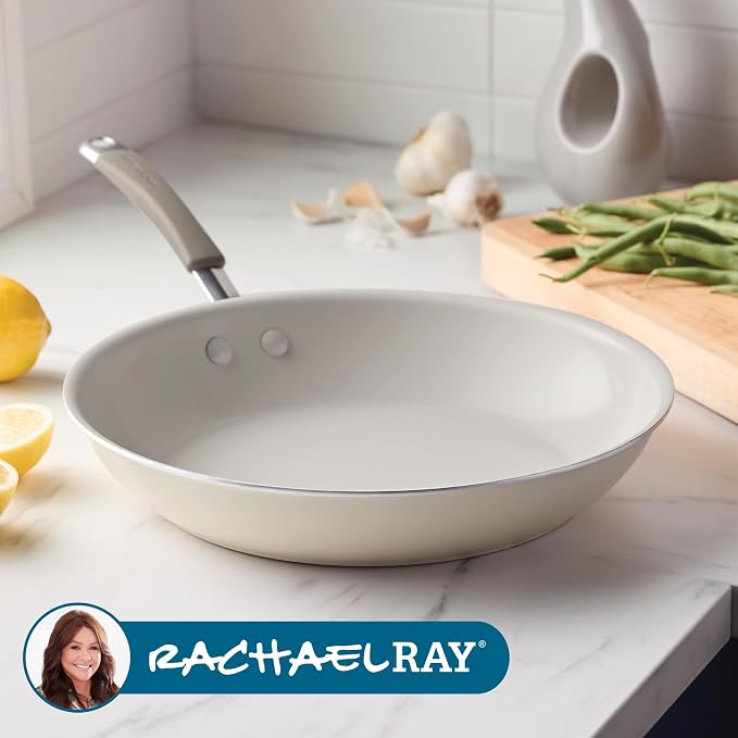 Rachael Ray Cucina Ceramic Nonstick Frying Pan/Skillet, 12.5 Inch Non Stick Open Fry Pan, Dishwasher Safe - Almond