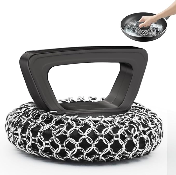 Amagabeli Cast Iron Cleaner with Handle Stainless Steel Chainmail Pan Scrubber for Cast Iron Skillet Cleaner Chain Mail Scrubber Brush Pan Pot Wok Griddles BBQ Grills