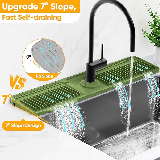 24'' Longer Faucet Mat for Kitchen Sink Splash Guard[7° Slope Fast Self-draining][Snap Lock Fit]Kitchen Sink Faucet Mat Splash Guard Kitchen Sink Area Water Splash Guard Behind Faucet Draining Mat