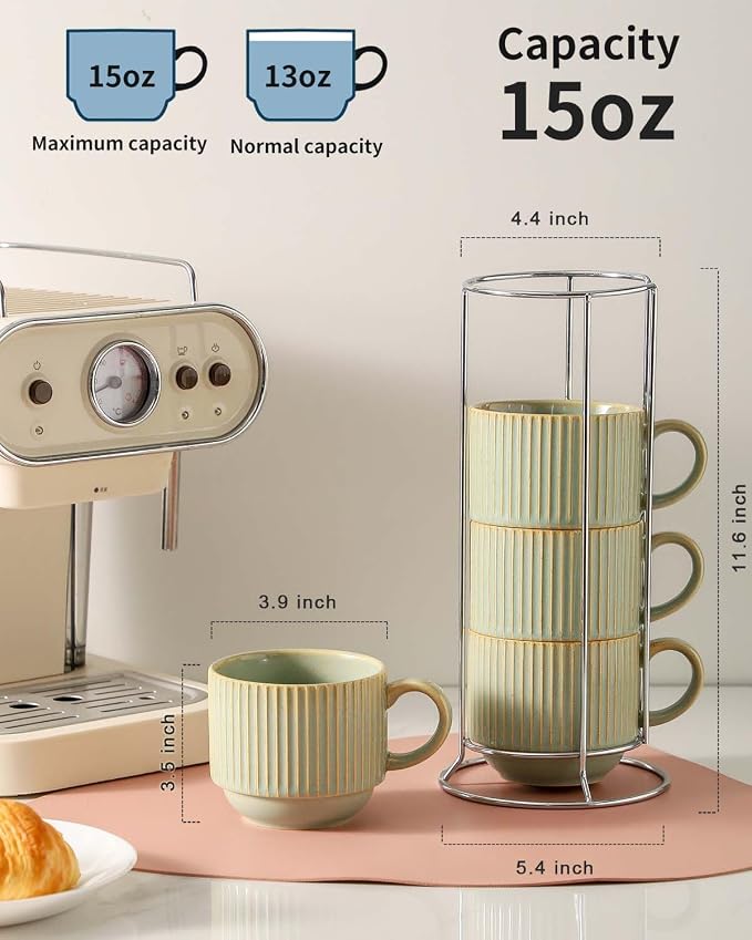 HASENSE Ceramic Coffee Mugs Set of 4 with Rack - 15 oz Stackable Large Porcelain Ribbed Latte Cup Set for Cappuccino, Tea, Hot Cocoa, Drinks - Dishwasher & Microwave Safe, Sage Green