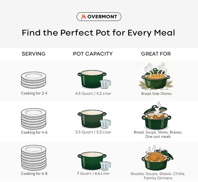 Overmont Enameled Cast Iron Dutch Oven - 5.5QT Pot with Lid Cookbook & Cotton Potholders - Heavy-Duty Cookware for Braising, Stews, Roasting, Bread Baking Bamboo Shadow