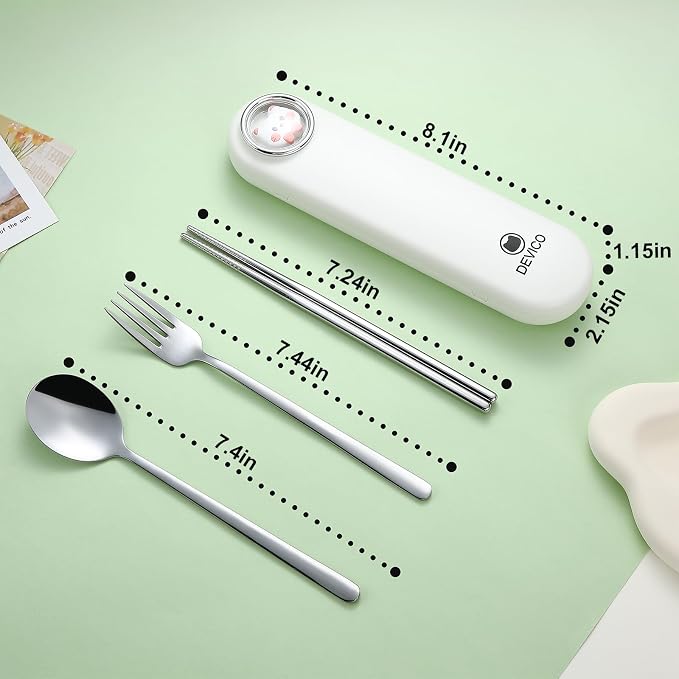 DEVICO Travel Utensils with Case Cute, Reusable Silverware for Lunch, 4Pcs Portable Cutlery Set, 18/8 Stainless Steel Fork Spoon Chopsticks in Cartoon Case, Dishwasher Safe (White)