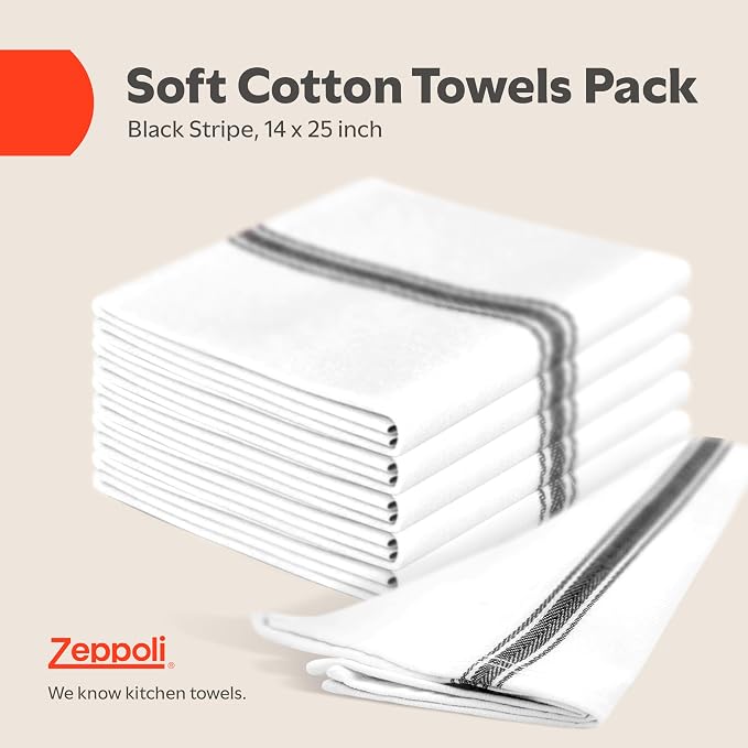 Zeppoli Classic Kitchen Towels - 15 Pack 100% Natural Cotton Kitchen Towel Set, Reusable Wash Cloths, Absorbent Dish Towels, Machine Washable Hand Towels, Kitchen Essentials, 14” x 25”, Black Striped
