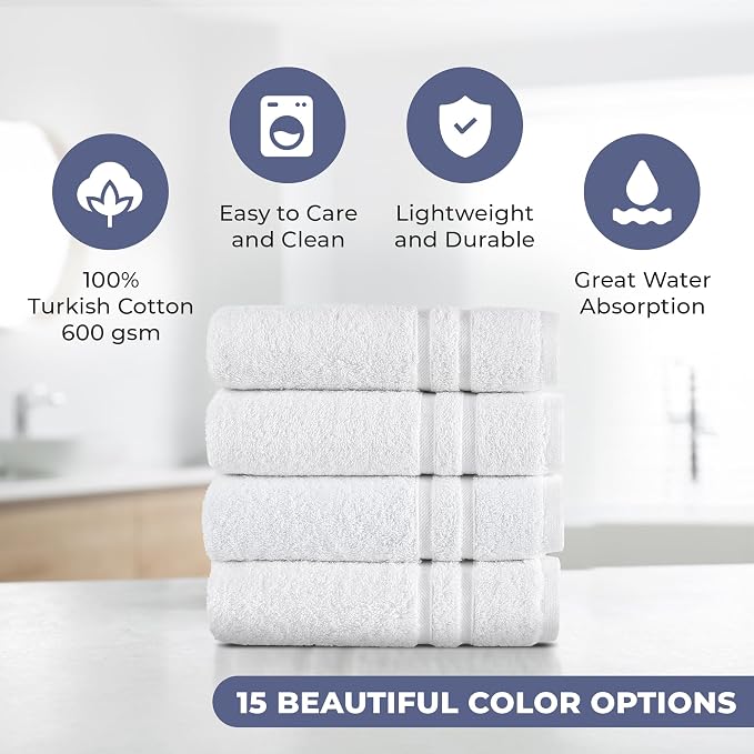 Hawmam Linen White Hand Towels for Bathroom, Set of 4, 16x29 Inch, Premium Turkish Cotton, Highly Absorbent Hotel Collection, Blissful Luxury Spa Feel, White Towels