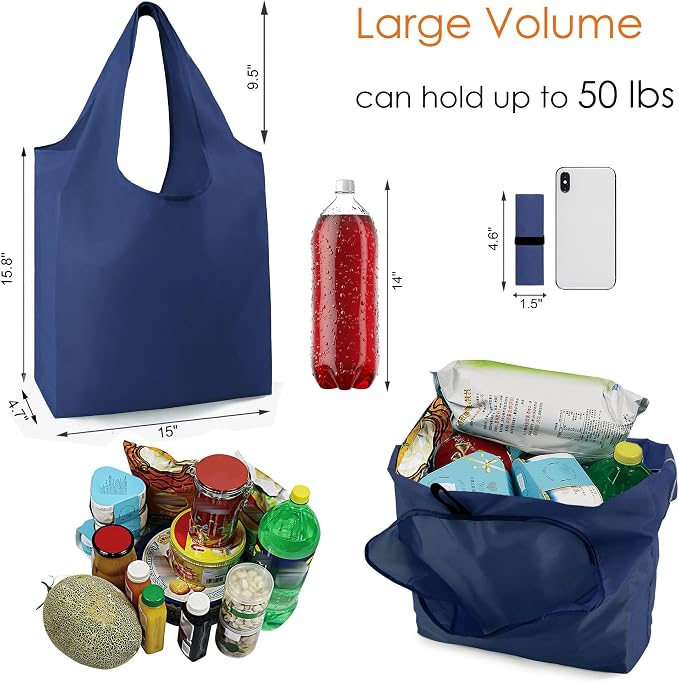 BeeGreen Navy Blue Reusable Grocery Bags Wholesale Reusable Kitchen Bags Bulk Foldable-Machine Washable with Zipper Storage Pouch 50 Packs