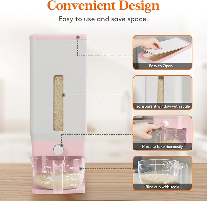 Lifewit Rice Dispenser 25 Lbs, Airtight Storage with Measuring Cup, Pink | BPA-Free 11.3kg Capacity Storage Container for Beans, Corn & Other Small Grains, One-Press Dispensing Bin for Kitchen Pantry