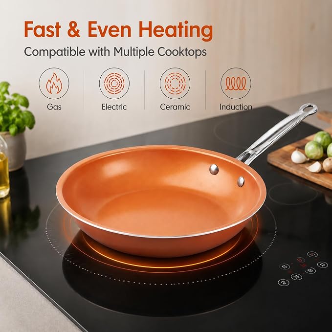 Toutrop Nonstick Copper Frying Pan, Chef Skillet with Ceramic Coating, Oven Dishwasher Safe, Induction Skillet for All Stoves, PFOA Free,Brass,8 inch