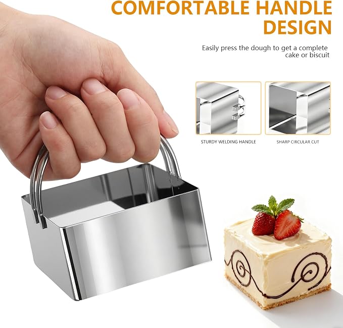 4 Pieces Square Cookie Cutters, Stainless Steel Biscuit Cutter with Handle | 2 inch, 2.25 inch, 2.75 inch, 3.15 inch, Comfortable Grip, Professional Baking Dough Cutter Tools for Biscuits, Thick Dough