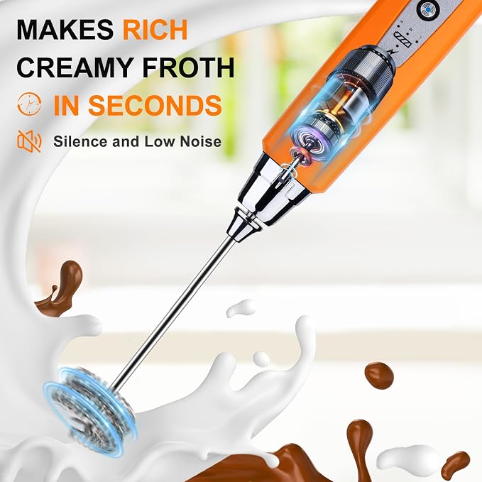 YUSWKO Fluorescence Orange Handheld Milk Frother Wand for Coffee, Rechargeable Electric Whisk with 3 Heads 3 Speeds Drink Mixer Coffee Frother For Latte, Cappuccino, Hot Chocolate, Egg | Drink Mixer Wand Coffee Frother Handheld With 3 Heads 3 Speeds Fo...