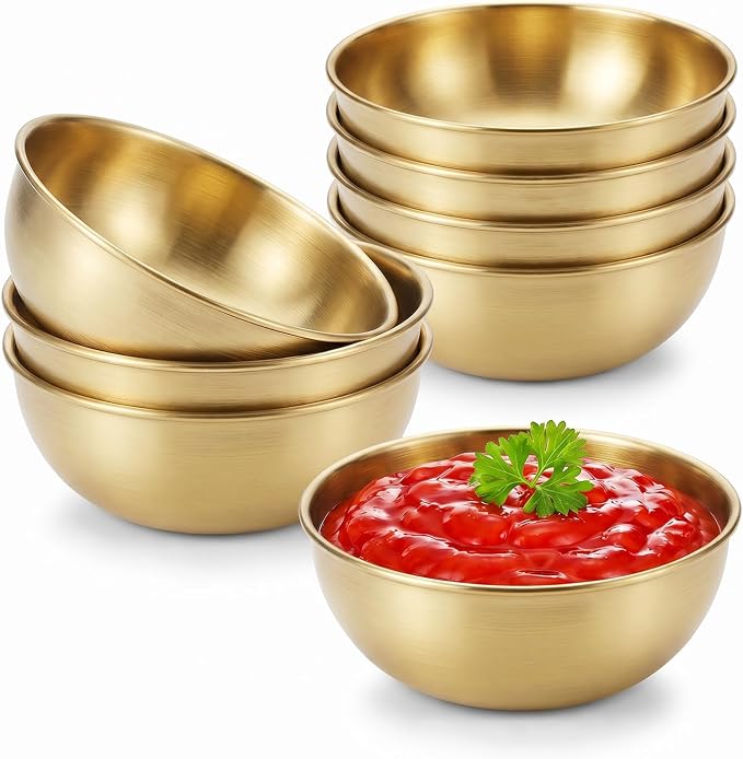 tifanso 8PCS Small Stainless Steel Dipping Bowls for Sauce & Condiments | 3.5oz, For Soy Sauce Ketchup Seasoning & Appetizers, Perfect for BBQ Party Camping & Charcuterie, Easy to Clean, Gold