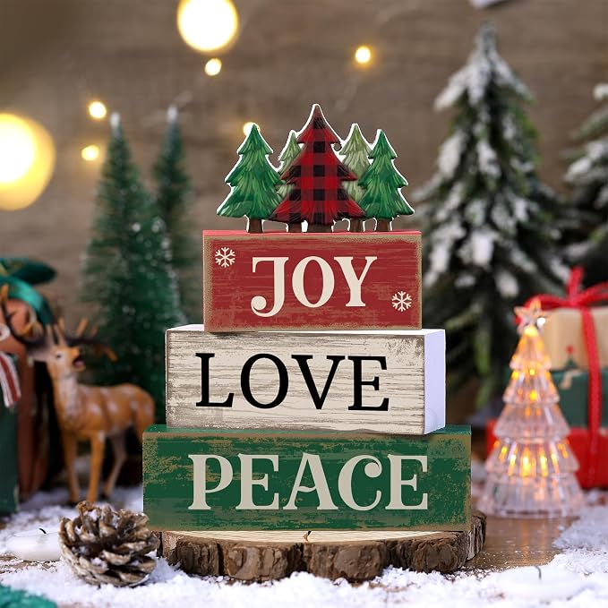 Lineshading 4 Pcs Christmas Table Decor Christmas Tree Block Signs Joy Love | Stacked Wood Signs with Plaid Trees, Rustic Farmhouse Tiered Tray Decor for Home, Distressed Finish