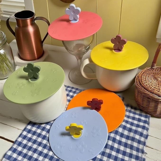 flower Silicone Cup Covers (Set of 5), Multicolored Silicone Lids for Mugs, Cups, Flexible Mug Covers, Tea Pots, Hot Cup Lids for Coffee & Tea (Style D)