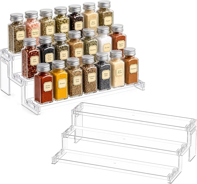 Lifewit 14″ Spice Rack, Perfume Cologne Stand,Tool-Free Assembly, 2 Pcs | 3-Tier Clear Display Riser Shelf, Cupcake Stand, Seasoning Figurine Makeup Holder, Room Decor, Kitchen Cabinet Storage