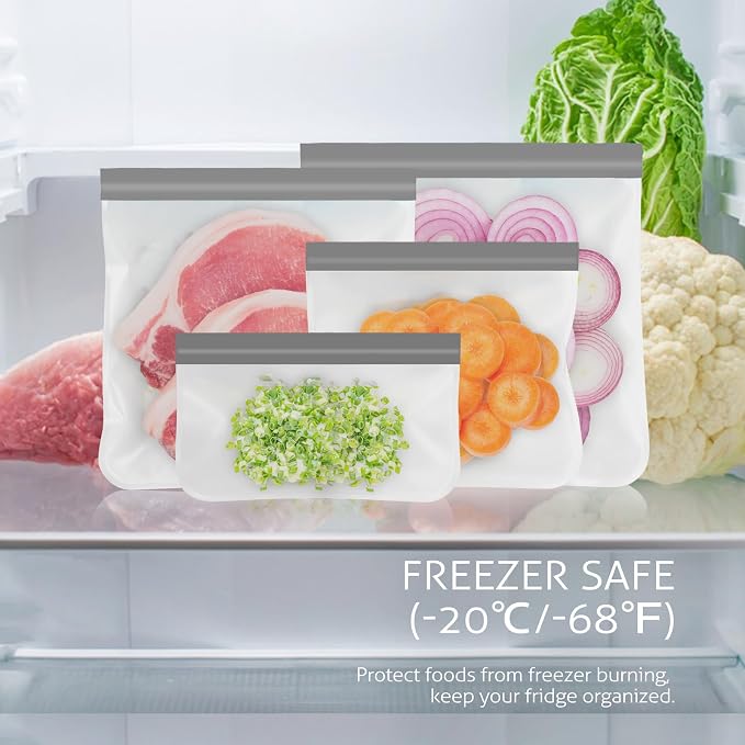 10 Pack Reusable Gallon Freezer Bags, Grey | Dishwasher Safe Silicone Food Snack Storage Bags with 3 Sizes for Snack, Sandwich, Lunch