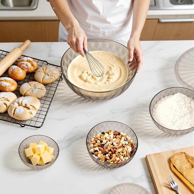 Plastic Mixing Bowls with Lids, 6 Piece Nesting Bowls Set for Kitchen | One-Press Lids, Meal Prep, Salad Mixing, Baking, Serving, Storing, Dishwasher & Microwave Safe, 5.3/3.2/1.9/1.2/ 0.6/0.3 QT
