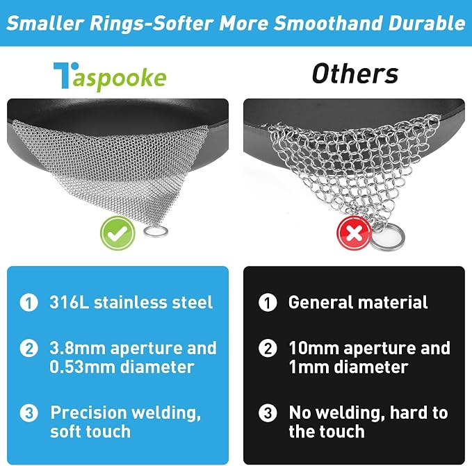 Cast Iron Cleaner & Chainmail Skillet Scrubber - 24''x24'' 3.8mm Small Ring, 316L Stainless Steel Interlocking Mesh Sheet, Flexible Chainmail Panel, Fine Linked Ring Fabric, Woven Ring Net