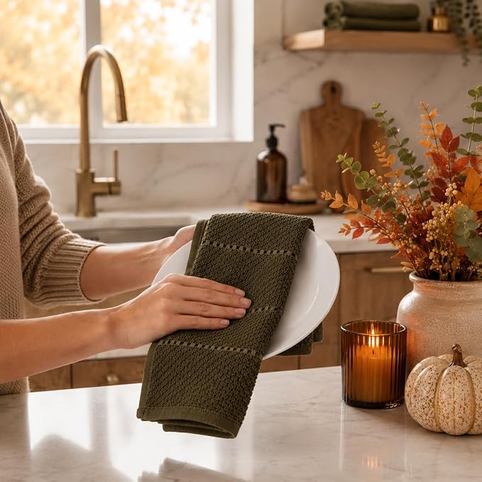 Olive Green Kitchen Hand Dish Towels, Set of 3, 100% Cotton, 18" x 28" | Terry Loop Ribbed Textured, Soft & Absorbent Cleaning Cloth, Quick Dry, Multipurpose for Everyday Use