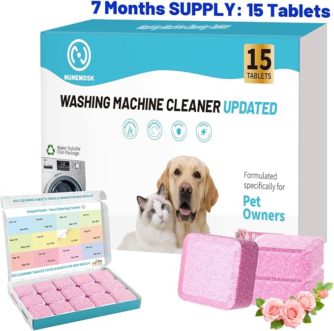 Washing Machine Cleaner,Formulated for Pet Owners,Pink 15 Pack | 1+Year Supply,Compatible with HE, Top & Front Load Washer,Septic Safe,Fresh Scent,Removes Residue,Remove Stubborn Pet Hair