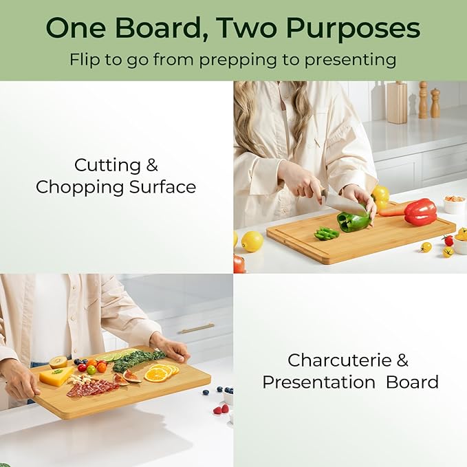 Keechee Natural Bamboo Cutting Board for Kitchen, XL Carving Board | Non Toxic, Resisted-Cracking&Curling, Deep Juice Groove, Side Handles,Cross-Laminated Structure, Knife-Friendly