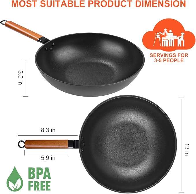 Wok, 13" Carbon Steel Woks & Stir-Fry Pans Nonstick with Black Lid | Pre-Seasoned Flat Bottom Chinese Wok for Electric, Induction, Gas, All Stoves