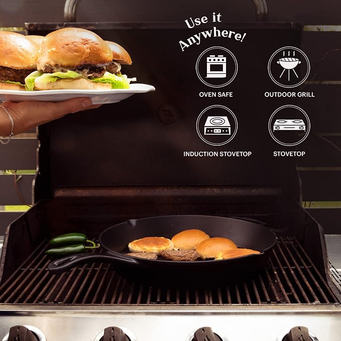 Cuisinel 15" Cast Iron Skillet + Glass Lid Cover + Pan Scraper + Heat-Resistant Silicone Handle Grip - Pre-seasoned Oven-Safe Kitchen Cookware - Indoor/Outdoor - Camping, Grilling, BBQ, Oven Safe