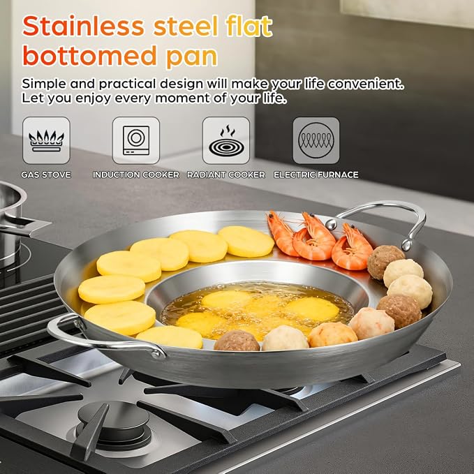 Cabilock Stainless Steel Comal Frying Bowl with Double Handle, Rounded Flat Bottom Paella Pan, Home Wok Pot Non-stick Cooking Pan Kitchen Cookware for Stoves