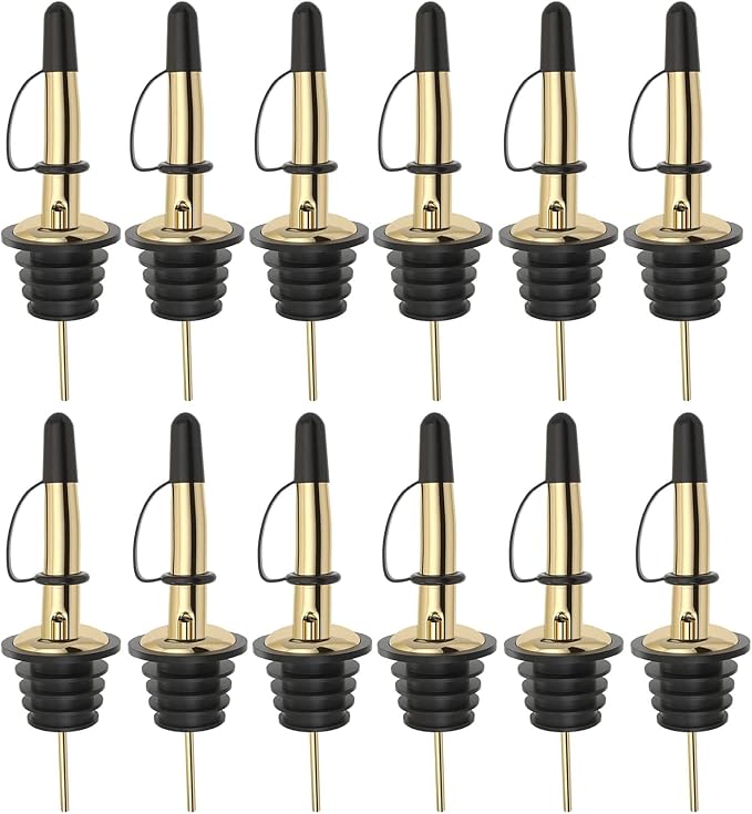 Pafusen 12 Pack Liquor Bottle Pourers, Liquor Pour Spout for Liquor Bottles, Stainless Steel Olive oil Dispenser Spout, Alcohol Pourer Spouts Dust Caps Covers Fixed, Gold