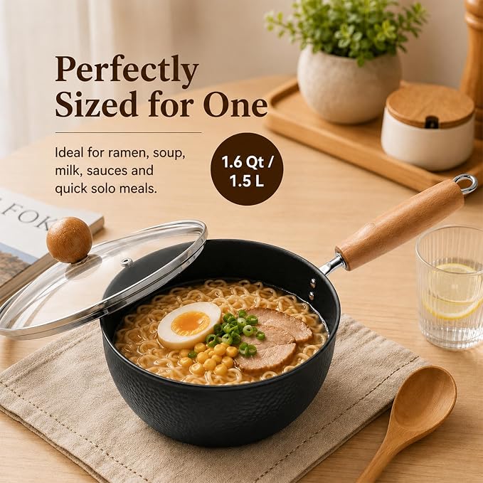 WANGYUANJI 1.6 Qt Small Iron Saucepan with Lid, 7.1-Inch Ramen Cooking Pot | Uncoated hammered iron body with removable wooden handle; ideal for ramen, milk, sauces and single-serve meals on induction.