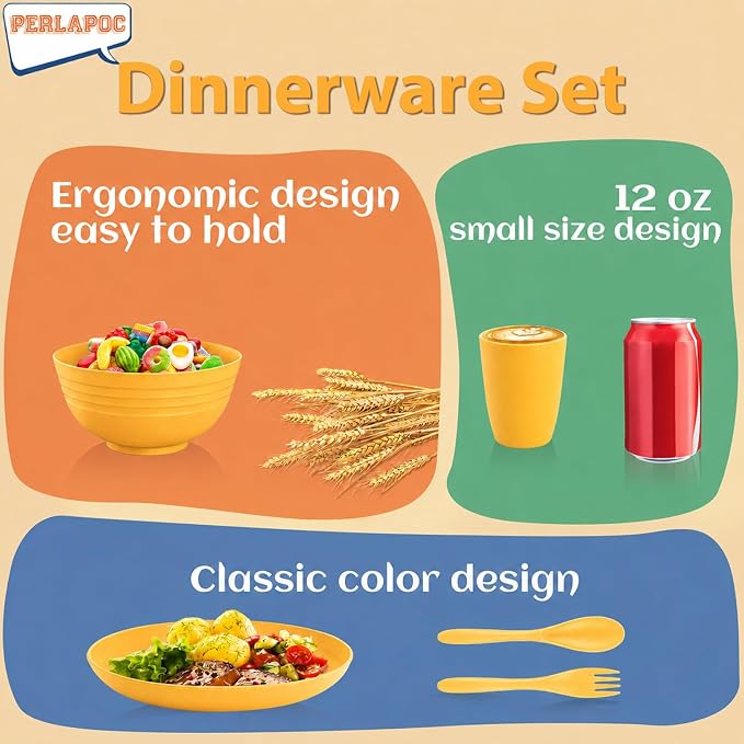 20 Piece Wheat Straw Dinnerware Sets for 4, Unbreakable Dish Set,Reuseable Kids Plates and Bowls Sets for 4, Lightweight Kitchen Dishware Set for Camping, Picnic, and Famliy Meal - Yellow