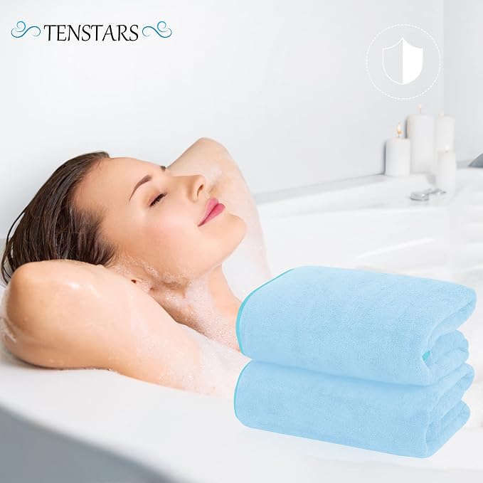 TENSTARS Silk Hemming Bath Towels for Bathroom Clearance - 27 x 55 inches - Light Thin Quick Drying - Soft Microfiber Absorbent Towel for Bath Fitness, Sports, Yoga, Travel, Gym - 2 Pack, Aquamarine