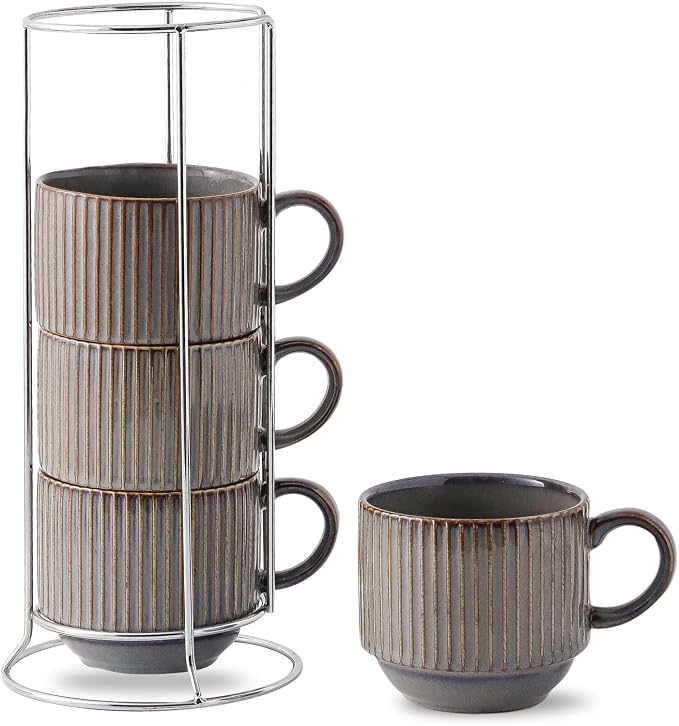 HASENSE Porcealin Coffee Mugs, Stackable Coffee Cups Set of 4 with Stand - 15 oz Large Ceramic Ribbed Latte Cup Set for Cappuccino, Tea, Hot Cocoa, Drinks - Dishwasher & Microwave Safe, Brown