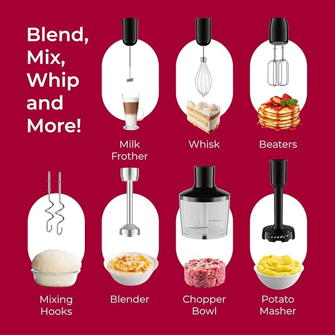 MuellerLiving Immersion Hand Blender Full Set - 8 Speed Immersion Blender, Hand Mixer with 7 Attachments: Stainless Steel Blade, Whisk, Milk Frother, Beater, Mixing Hooks, Potato Masher, Chopper Bowl | Mixer with 7 Attachments: Stainless Steel Blade, W...