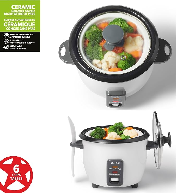Starfrit Electric Rice Cooker, 6 Cups, Ceramic Nonstick, 300W | Makes up to 6 cups. Cook & keep warm. Ceramic nonstick pot. Steamer basket included. 300W performance.