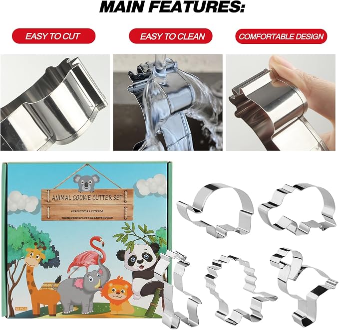 Animal Cookie Cutters, 12 PCS Cookie Cutters Set with Lion, Giraffe, Hippo, Panda, Koala, Elephant, Dog, Crocodile, Flamingo etc. (Gift Box)