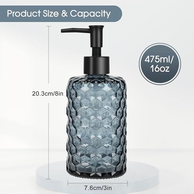 Topsky Glass Soap Dispenser with Plastic Pump, 475ml Liquid Hand Soap Dispenser, Rustproof Pump for Kitchen & Bathroom, Great for Lotions, Essential Oil, Liquid Soaps (Grayish Blue)