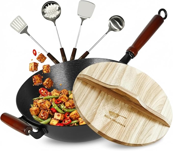 Pre-Seasoned Cast Iron Nonstick Stir-Fry Pan | Dual Handles & 4 Spatulas | Flat Bottom Wok with Wooden Lid & Wood Handle | Traditional Chinese Induction Wok (36Cm)