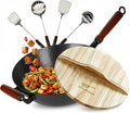 Pre-Seasoned Cast Iron Nonstick Stir-Fry Pan | Dual Handles & 4 Spatulas | Flat Bottom Wok with Wooden Lid & Wood Handle | Traditional Chinese Induction Wok (34cm)