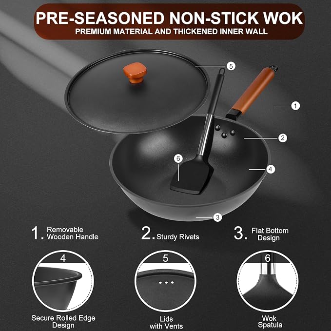 Wok, 13" Carbon Steel Woks & Stir-Fry Pans Nonstick with Black Lid | Pre-Seasoned Flat Bottom Chinese Wok for Electric, Induction, Gas, All Stoves