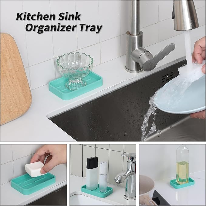 MicoYang Silicone Kitchen Sink Organizer Tray for Multiple Usage,Easy Clean Sponges Holder for Kitchen Bathroom Counter or Sink,Dish Soap Dispenser,Scrubber,Bottle,Cup Mint 4.9”x 3.2”