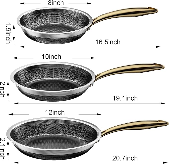 FogDream 8, 10, 12 Inch Stainless Steel Frying Pan Set with Lid, Honeycomb Hybrid Nonstick Skillet for Induction & All Cooktops, PFAS/PFOA/PTFE Free, Oven Safe 500°F, Gold